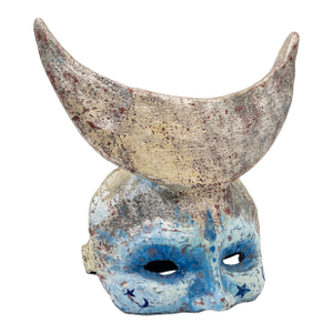 Rare Venetian Baroque Style Handmade Paper Mache Silver Gilded & Painted Moon Mask