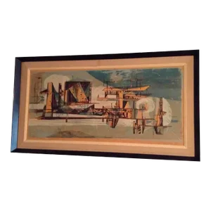 Mid Century Modern Aerial City Serigraph on Board Dated 1958