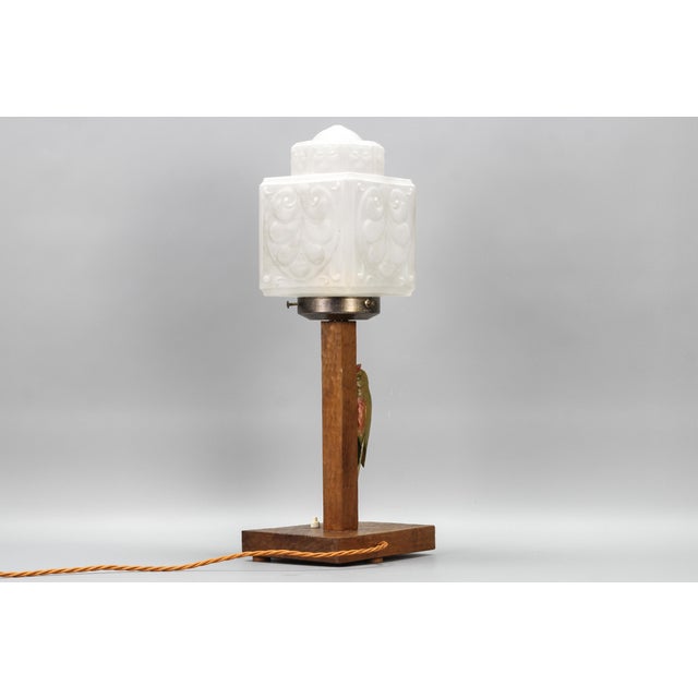 Art Deco Wooden and Frosted Glass Table Lamp with a Woodpecker, 1930s For Sale - Image 11 of 18