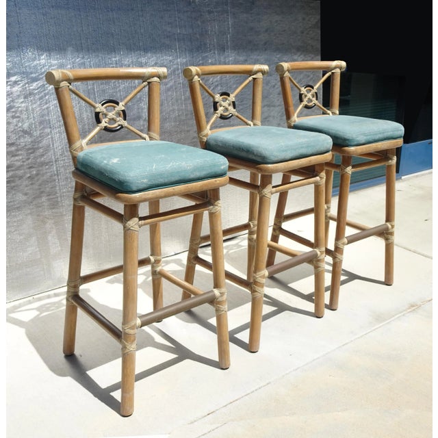 Coastal Set of Three Vintage McGuire Target Back Bamboo Barstools W Leather Straps For Sale - Image 3 of 12