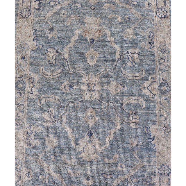 2020s Angora Turkish Oushak Runner With Floral Design and Medium Blue and Grey Border 2'7 X 11'8 For Sale - Image 5 of 11