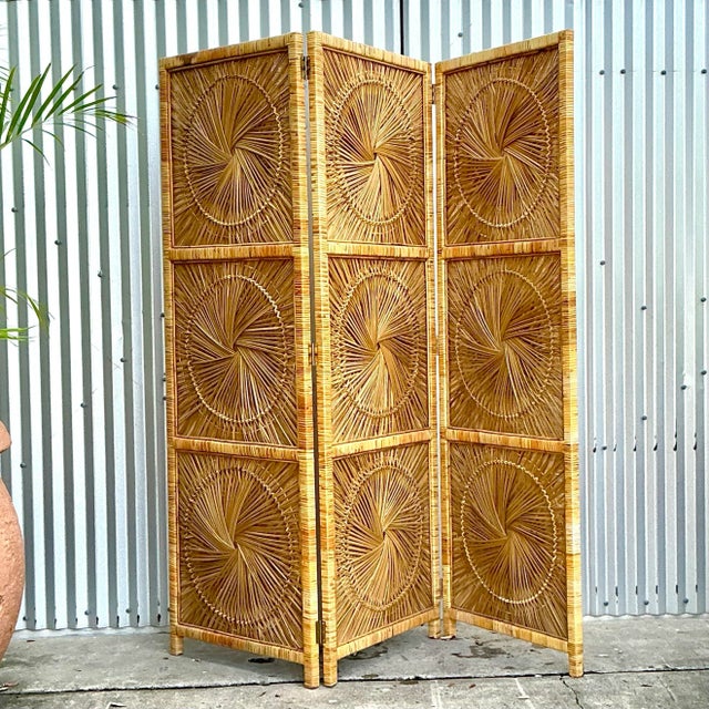 Vintage Costal Woven Rattan Folding Screen For Sale In West Palm - Image 6 of 6