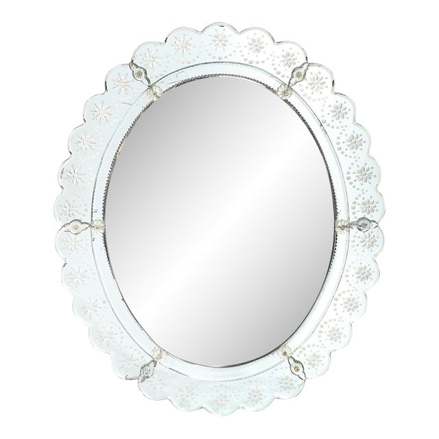 Mid-Century Modernist Scallop Design Reverse-Etched & Beveled Mirror For Sale