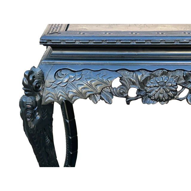 Wood Vintage Chinese Black Relief Floral Carving Apron Claw Legs Side Console Table For Sale - Image 7 of 12