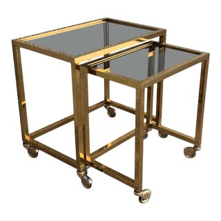 Nesting Tables Italian Design 1970 in Brass With Smoked Glass and Wheels - a Pair For Sale