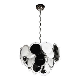 Modernist Four Tier Black and White Hand-Blown Murano Disk Chandelier For Sale