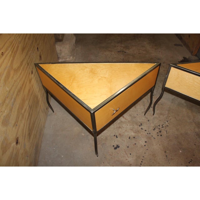 Contemporary Wood and Brushed Metal Triangle Shaped End Tables Set of