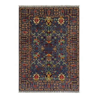 Blue Floral Sultani Wool Area Rug With Natural Dyes, 4'9" X 6'10" For Sale