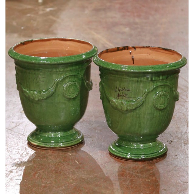 Early 21st Century Pair of French Handmade Green Glazed Terracotta Anduze Planters by La Madeleine For Sale - Image 5 of 9