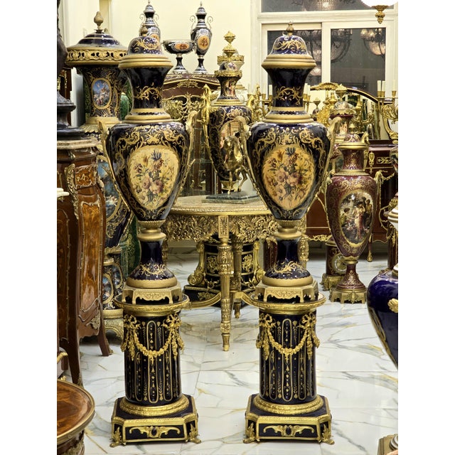 Metal Pair of Sevres-Style Porcelain Vases on Pedestals For Sale - Image 7 of 10