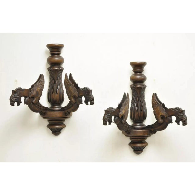 Vintage Italian Renaissance Carved Walnut Winged Griffin Wall Sconces - a Pair For Sale - Image 12 of 12