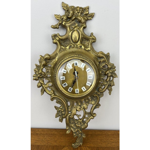 Rococo Vintage French style Wall Clock in Brass For Sale - Image 3 of 12