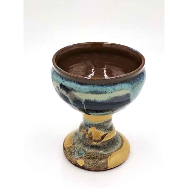 Vintage Handmade Artisan Blue/Teal/Cream Abstract Studio Pottery Goblet For Sale - Image 4 of 7