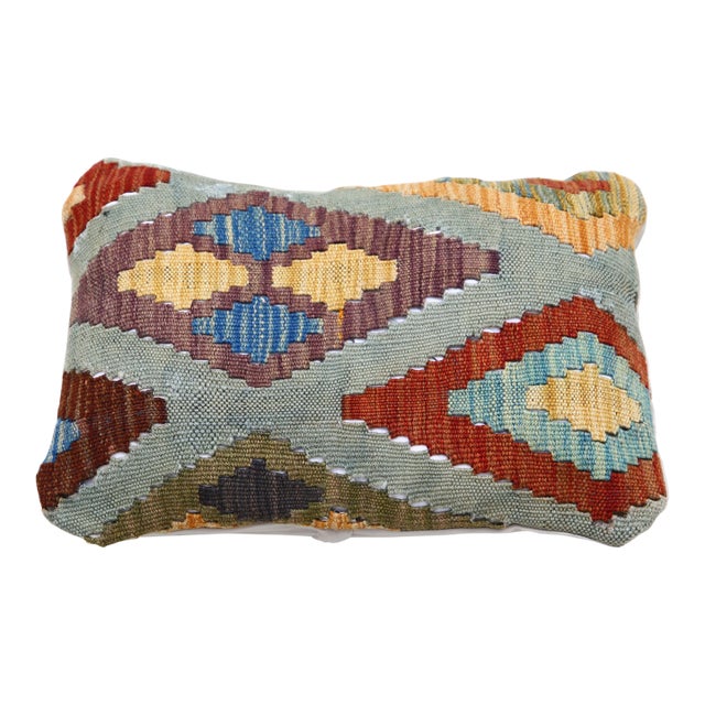 Arteverk Handwoven Afghan Kilim Lumbar Pillow — Gray & Red Diamond Medallion For Sale