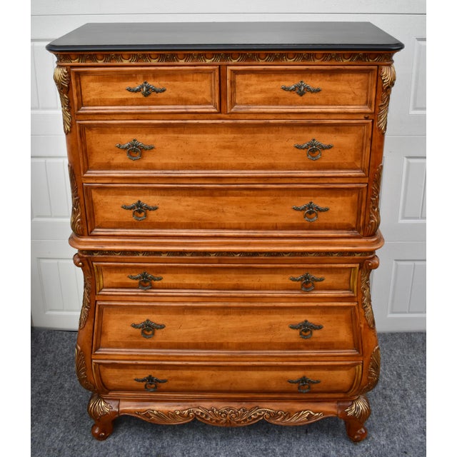 Legacy Carved Bombe Tall Chest French Style Pine Dresser W/Gold Details For Sale - Image 15 of 17