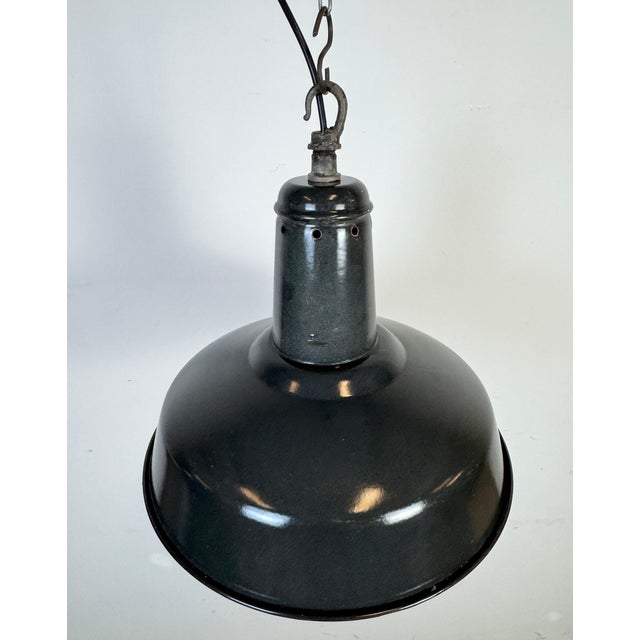 Industrial French Dark Grey Enamel Factory Pendant Lamp, 1960s For Sale - Image 10 of 17