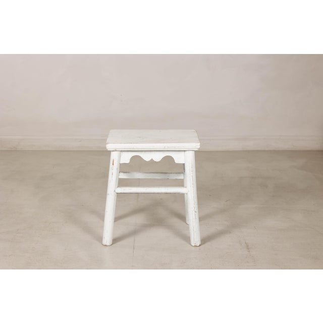 Vintage Chinese Rustic Country Style White Painted Wooden Stool For Sale - Image 15 of 16