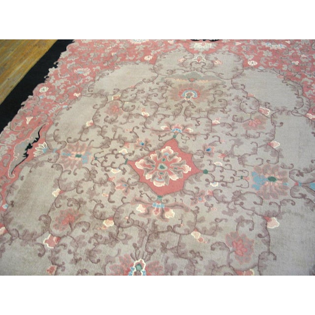 1920s Pink Rose Floral Antique Chinese Art Deco Rug 9'2" X 11'10" Handknotted Wool Carpet For Sale - Image 4 of 6