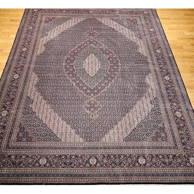 Antique Oversized Persian Tabriz Mahi Rug, Hand-Knotted Wool & Silk, Herati Geometric Pattern, Navy & Burgundy, 12x15 For Sale - Image 9 of 18