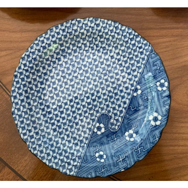 1990s Vintage Blue and White Scalloped Japanese Dishes Set of Three For Sale - Image 5 of 7