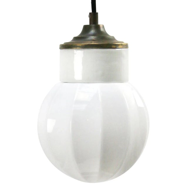 Vintage Industrial White Porcelain & Opaline Glass Brass Pendant Light For Sale - Image 9 of 9