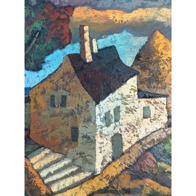 Textile Midcentury Italian Modernist Landscape Oil Painting For Sale - Image 7 of 11