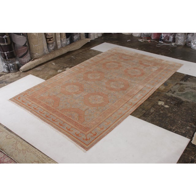 Rug & Kilim Rug & Kilim’s Khotan Style Rug in Blue and Orange Geometric Pattern For Sale - Image 4 of 8