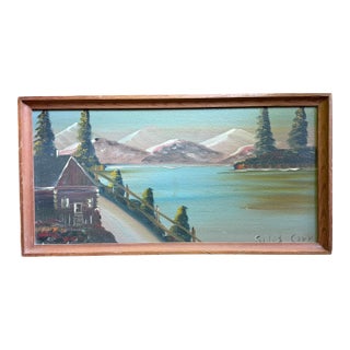 Mid-Century Folk Art Mountain Cabin Landscape Oil Painting in Walnut Frame For Sale