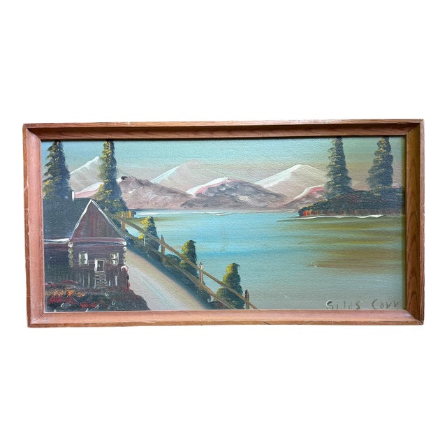 Mid-Century Folk Art Mountain Cabin Landscape Oil Painting in Walnut Frame For Sale