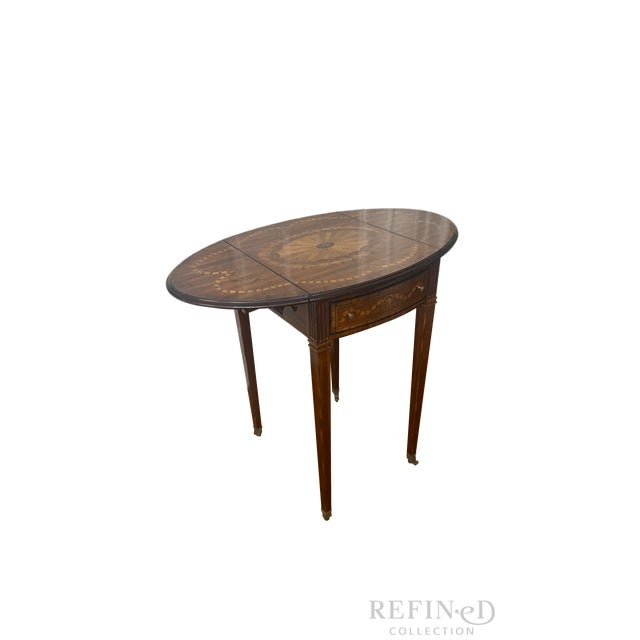 2000 - 2009 Vintage Maitland-Smith Drop Leaf Side Table With Painted Faux Marquetry, Brass Casters For Sale - Image 5 of 15