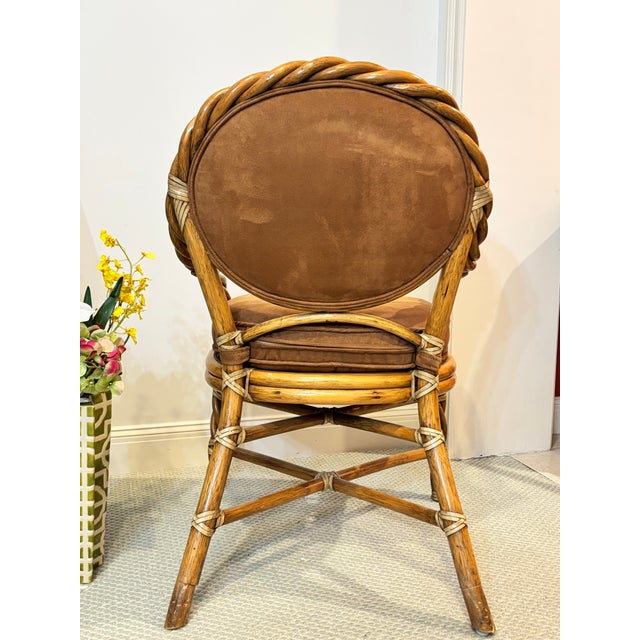 McGuire, 6 Twisted Rattan Dining Chairs. Covered in Performance Suede. For Sale In West Palm - Image 6 of 9