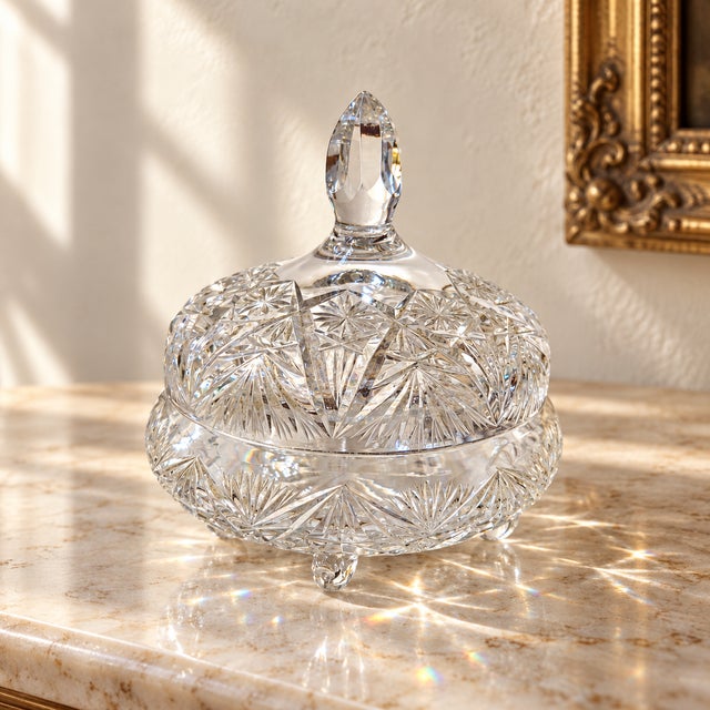 An elegant vintage cut lead crystal covered compote with deeply cut geometric, fan and starburst decoration. The...