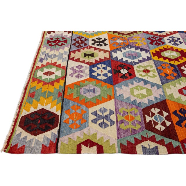 Vintage Turkish Kilim Flatweave Multicolor Geometric Designed Wool Rug For Sale - Image 4 of 9