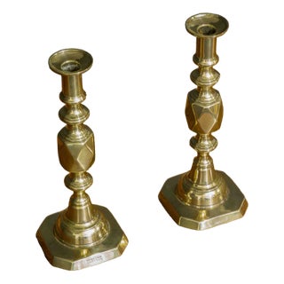 Victorian Queen of Diamond Brass Candlesticks, 1890s, Set of 2 For Sale