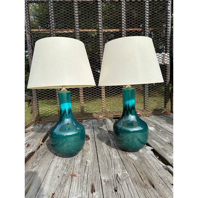 Pair of Oversized Vintage Drip-Glaze Ceramic Table Lamps in Teal and Deep Green, 1970s For Sale In Boston - Image 6 of 8
