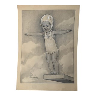 1940s Original Signed Graphite Illustration of Child on Diving Board, 13.5 × 10 In. For Sale