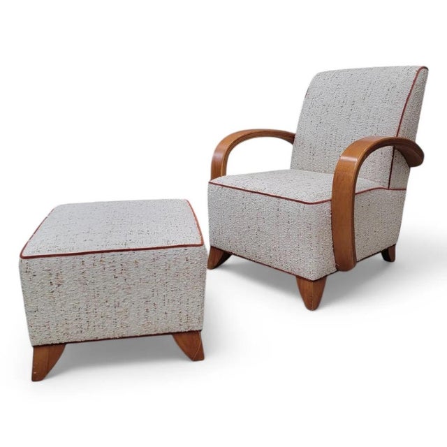 Art Deco Jindrich Halabala Style Bentwood Lounge Chair & Ottoman Newly Reupholstered In Boucle Experience the elegance of...