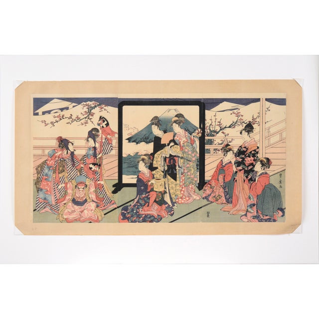 "Toy Horse Dance" Japanese Woodblock Triptych with Beauties and Mt Fuji Vibrant three-panel woodblock print by Utagawa...