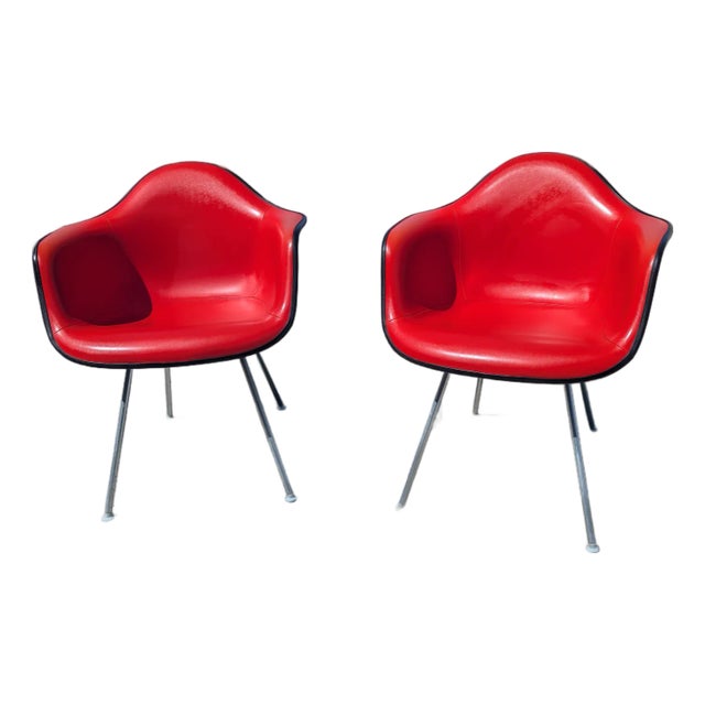 1970s Pair of Red Eames Herman Miller Padded Arm Shell Chairs For Sale