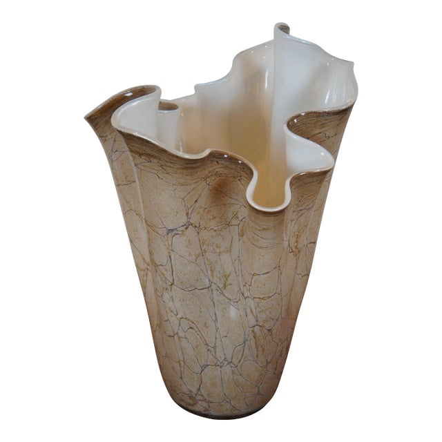 Vintage Zorza Poland Ruffled Freeform Handkerchief Marbled Art Glass Vase For Sale