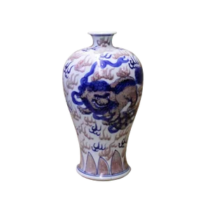 Chinese Red Blue White Porcelain Handpainted Foo Dog Small Vase