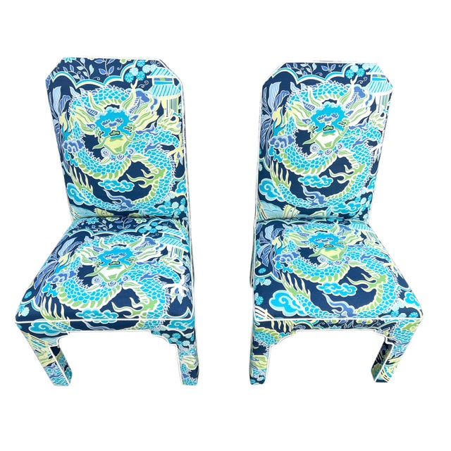 Pair MCM CasaBique Ming Armchairs in Thibaut “Imperial Dragon” For Sale - Image 13 of 18