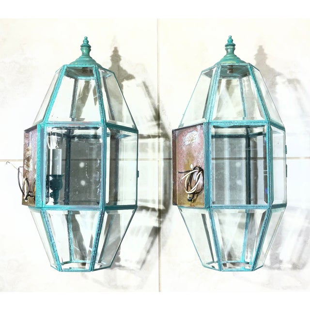 Exquisite Pair of Vintage Solid Brass Hexagonal Wall Lanterns For Sale - Image 17 of 17