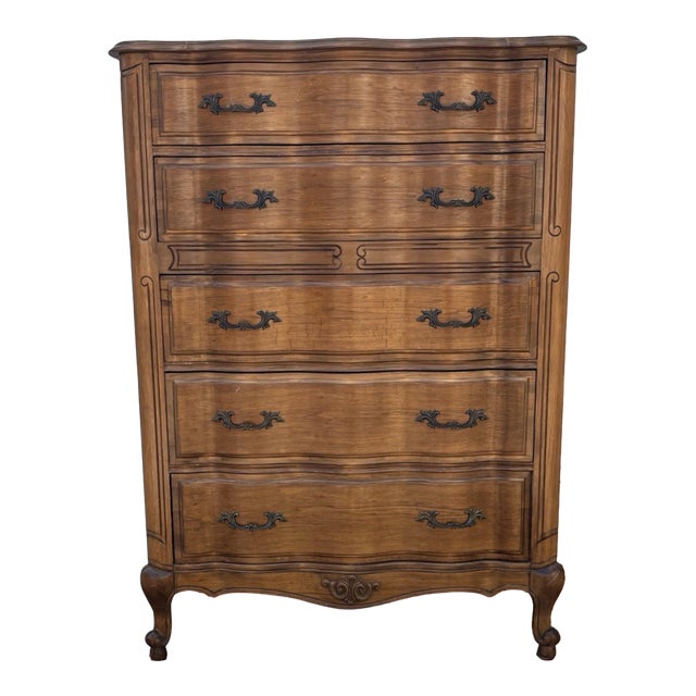 French Provincial Dresser Chest | Louis XV Style Serpentine Dresser | Vintage Wooden Tallboy Chest | Traditional Bedroom Storage Furniture For Sale