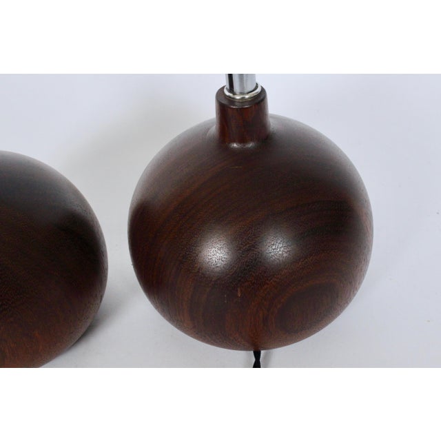 1970's Solid Staved Deep Teak "Onion" Table Lamps - A Pair For Sale - Image 4 of 13