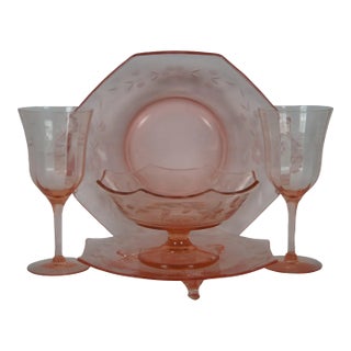 Antique Pink Floral Etched Depression Glass Goblet Compote Tray Stand- 5 Pieces For Sale