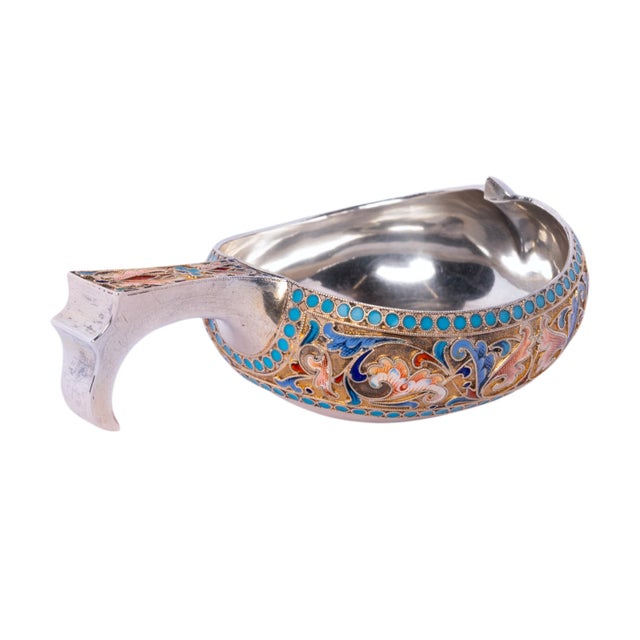 Antique Imperial Russian Silver Cloisonne Enamel Kovsh Ovchinnikov Moscow 1896 For Sale - Image 9 of 12