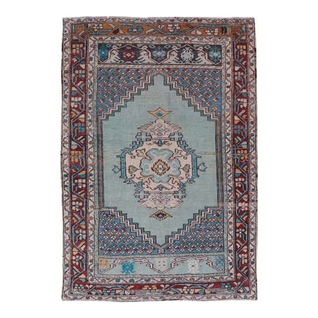 Vintage Turkish Oushak Rug With Vibrant Teal and Rich Maroon Accents For Sale