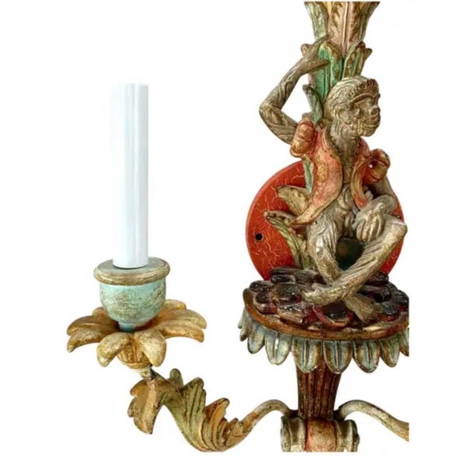Vintage Italian Carved Wood Monkey Wall Sconces, Hand-Painted - a Pair For Sale - Image 9 of 14