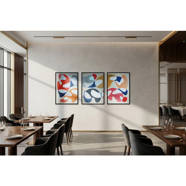 2026, Mid Century Modern Style, Contemporary Painting of Primary Tones and Curves, Triptych, Acrylic Paint on Watercolor Paper For Sale In Miami - Image 6 of 11